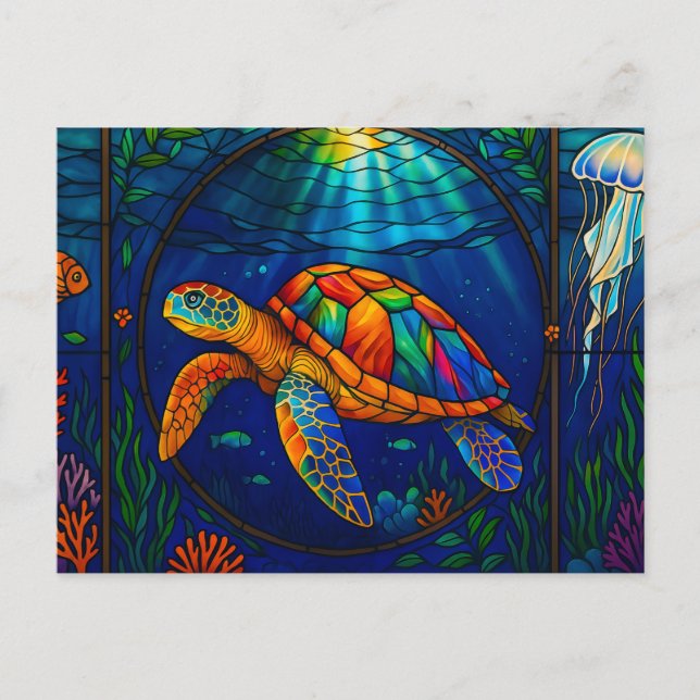 Vibrant Stained Glass Sea Turtle Ocean Design Vykort (Framsida)