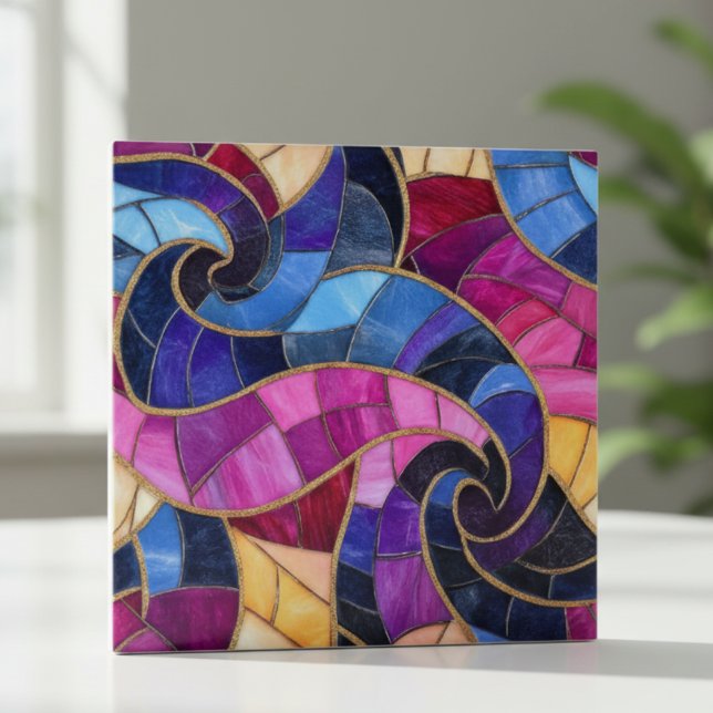 Vibrant Stained Glass Swirl Mosaic Kakelplatta (Skapare uppladdad)