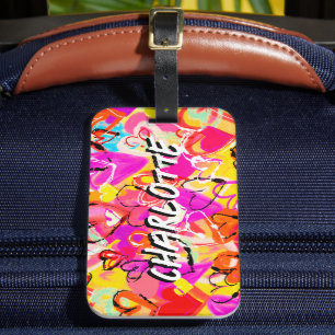 Vibrant Street Art Gult & Rosa Graffiti Hearts Bagagebricka
