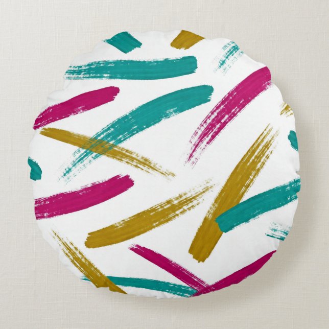 Vibrant Strokes,Teal, Magenta & Mustard pattern Rund Kudde (Framsidan)
