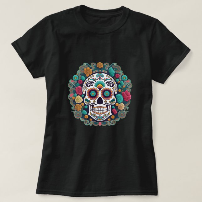 Vibrant Sugar Skull Fiesta - Dia De Los Muertos T Shirt (Design framsida)
