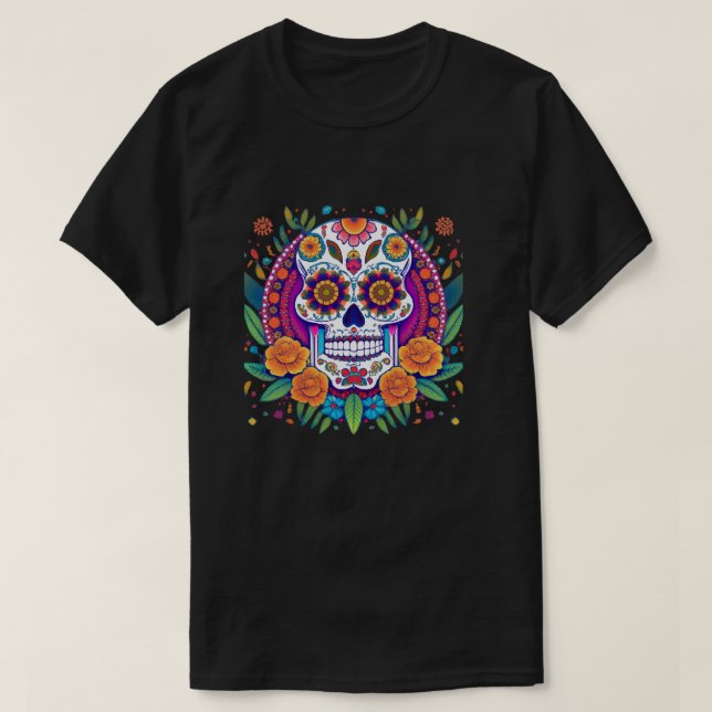 Vibrant Sugar Skull Fiesta - Dia De Los Muertos T Shirt (Design framsida)