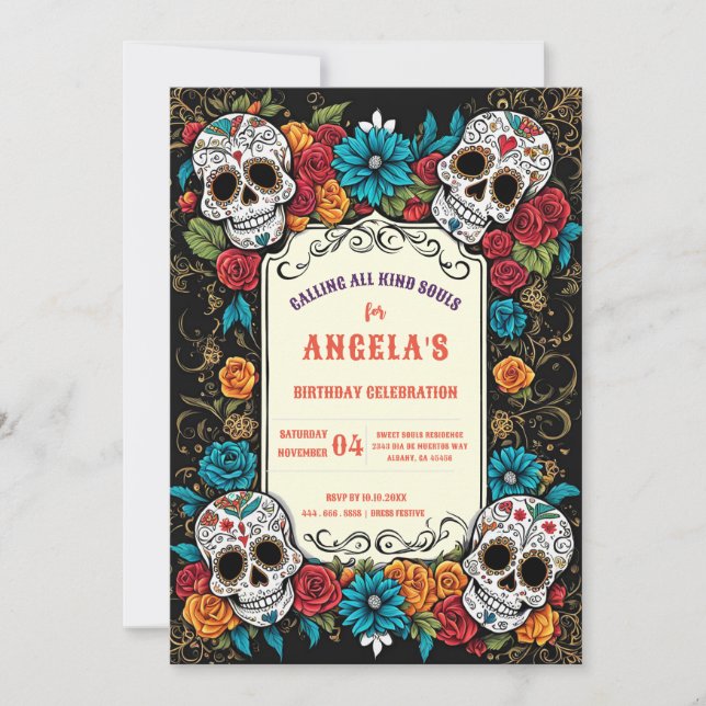 Vibrant Sugar Skulls Day of the Dead Invite Inbjudningar (Framsida)