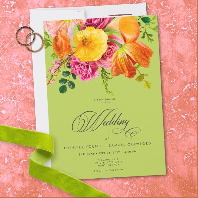 Vibrant Summer Floral Lime Orange Pink Wedding Inbjudningar (Vibrant Summer Floral Lime Orange Pink Wedding Invitation)