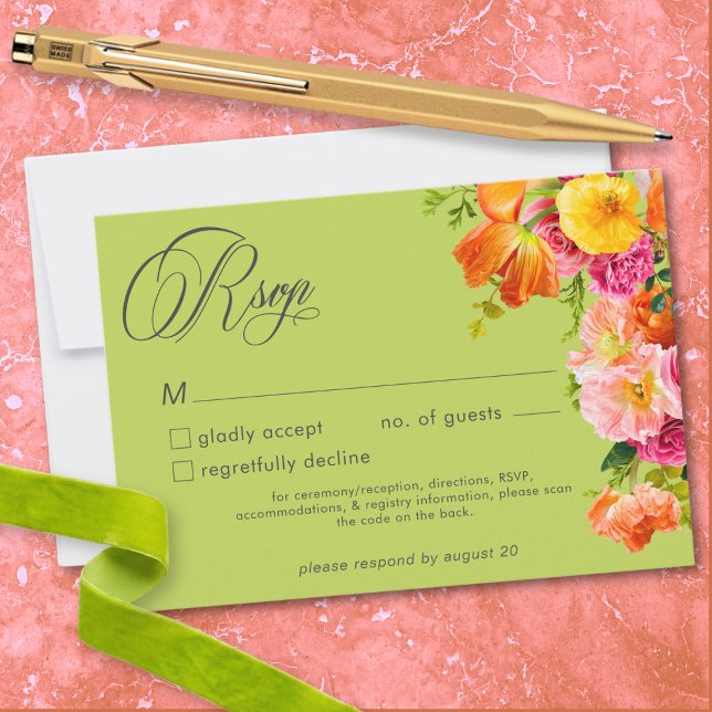 Vibrant Summer Floral Lime Orange Pink Wedding OSA Kort (Vibrant Summer Floral Lime Orange Pink Wedding RSVP Card)
