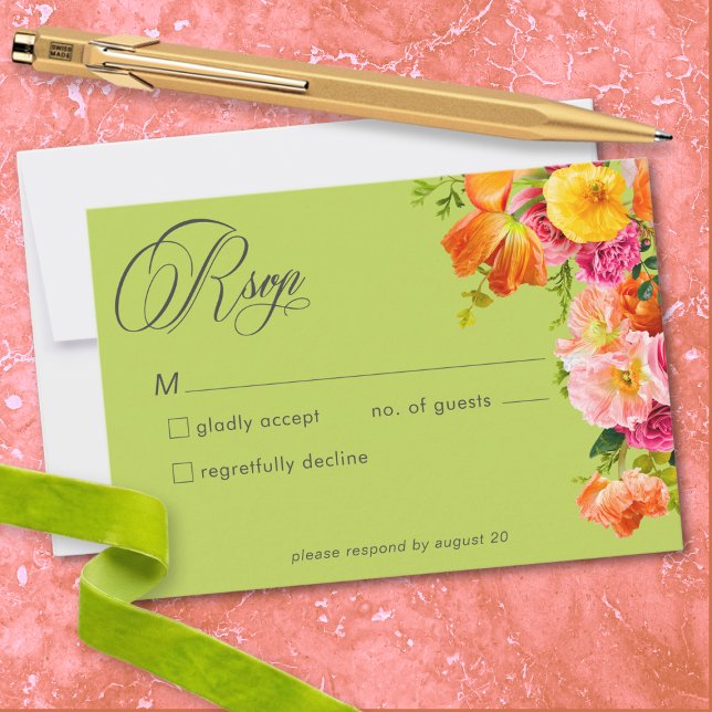 Vibrant Summer Floral Lime Orange Pink Wedding OSA Kort (Vibrant Summer Floral Lime Orange Pink Wedding RSVP Card)
