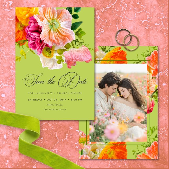Vibrant Summer Floral Lime Orange Pink Wedding Spara Datumet (Vibrant Summer Floral Lime Orange Pink Wedding Save The Date)