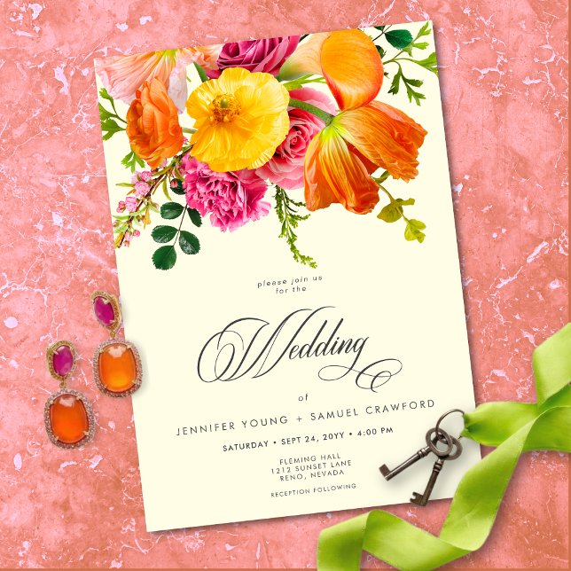 Vibrant Summer Floral Yellow Orange Pink Wedding Inbjudningar (Vibrant Summer Floral Yellow Orange Pink Wedding Invitation)