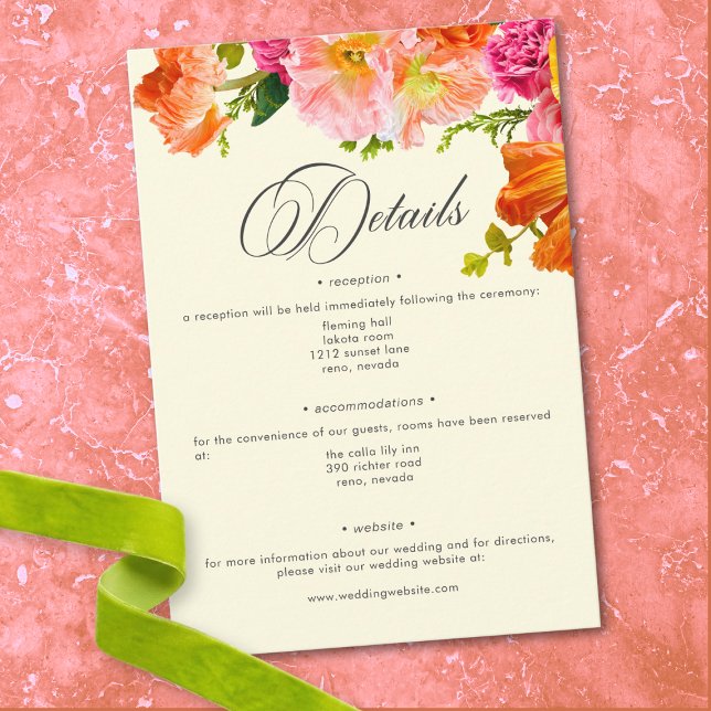 Vibrant Summer Floral Yellow Orange Pink Wedding Tilläggskort (Vibrant Summer Floral Yellow Orange Pink Wedding Enclosure Card)