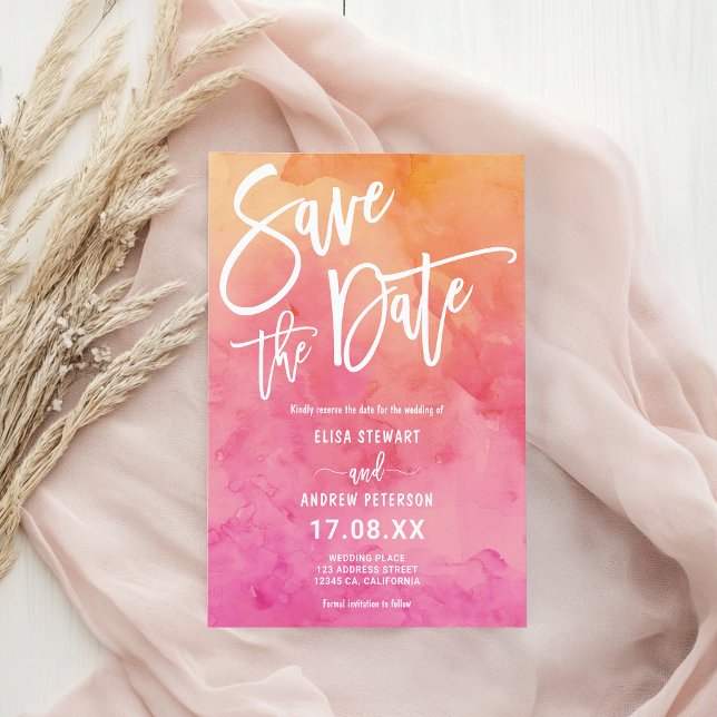 Vibrant Summer Rosa Orange Watercolor Bröllop Spara Datumet (Vibrant Summer Pink Orange Watercolor Wedding Save The Date)