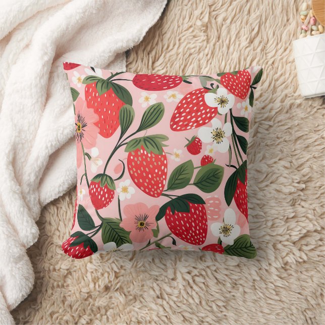 Vibrant Summer Strawberry and Flower Patch Kudde (Filt)