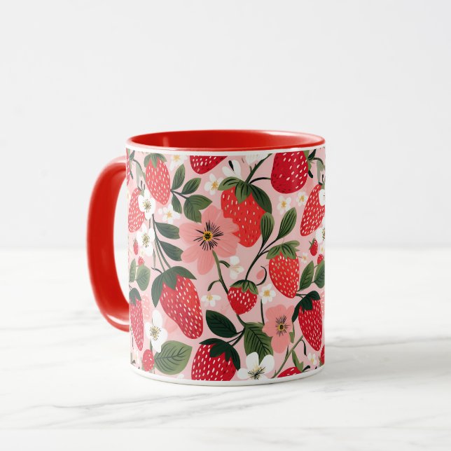 Vibrant Summer Strawberry and Flower Patch Mugg (Framsida vänster)