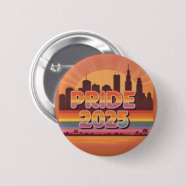 Vibrant Sunset Cityscape Pride 2025 Knapp (Framsida & baksida)
