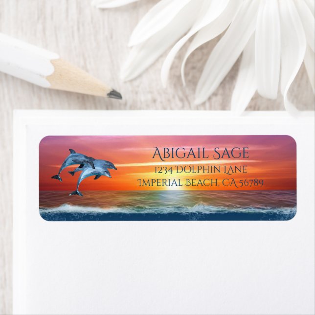 Vibrant Sunset Dolphins Jumping Ocean Adress Returadress Etikett (Insitu)