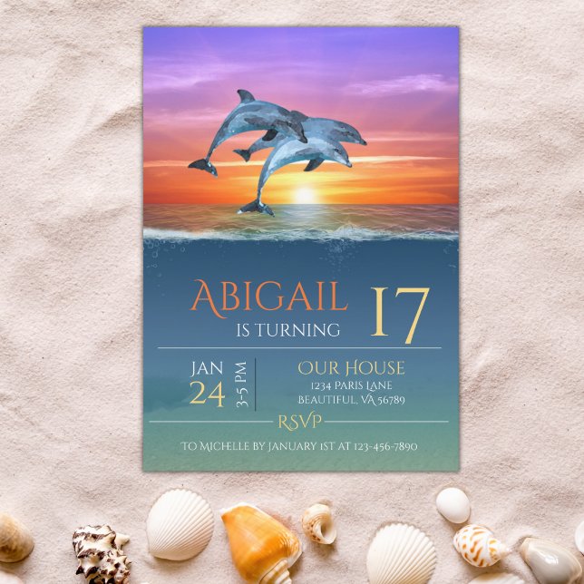 Vibrant Sunset Dolphins Jumping Ocean Birthday Inbjudningar (Skapare uppladdad)