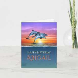 Vibrant Sunset Dolphins Jumping Ocean Birthday Kort