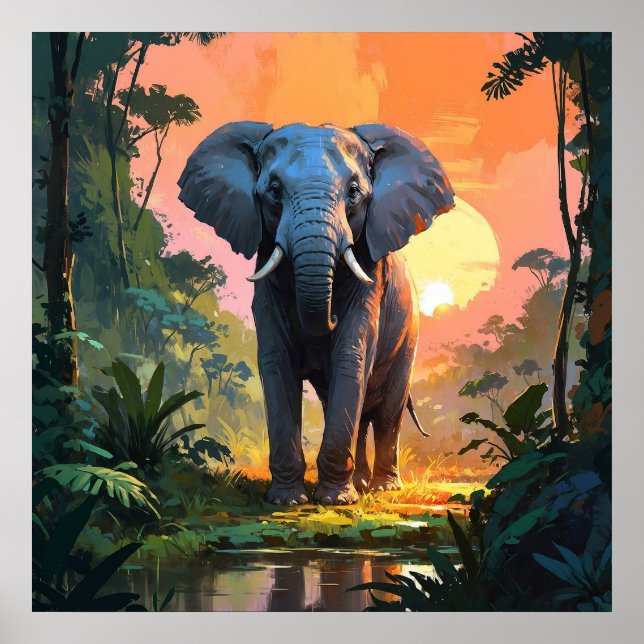 Vibrant Sunset Elephant Wildlife Painting Poster (Framsidan)