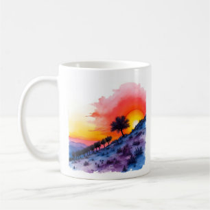 Vibrant Sunset Hillside med Lone Träd Watercolor Kaffemugg