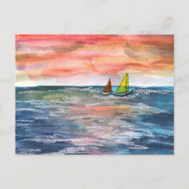 Vibrant Sunset Sailing Watercolor Art Helg Vykort
