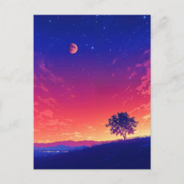Vibrant Sunset Tree and Blood Moon Vykort