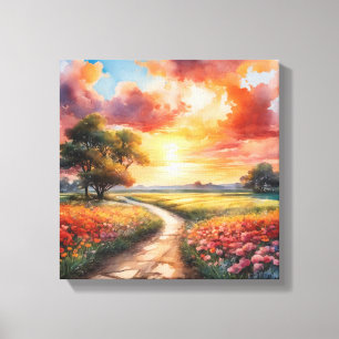 Vibrant Sunset Väg genom Fält i Blommor Canvastryck