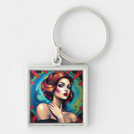 Vibrant surreal porträtt art fyrkantig silverfärgad nyckelring