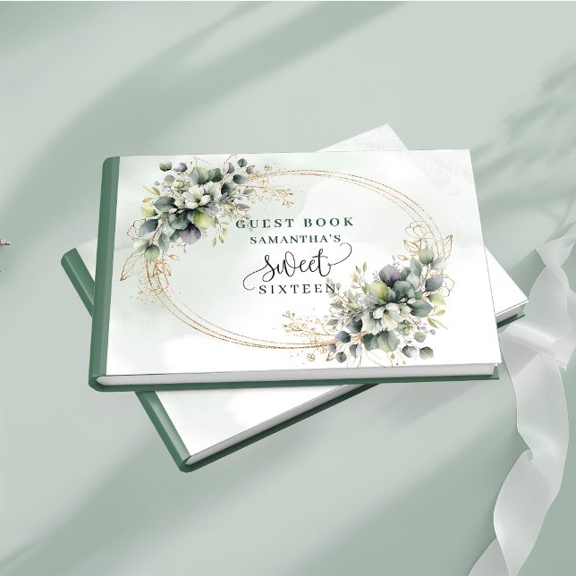 Vibrant Sweet 16 grön och vit boho akvarell  Gästböcker (Vibrant Sweet 16 green and white boho watercolor guest book)