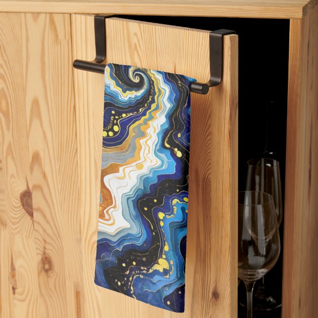 Vibrant Swirls of Blue and Gold 1 Kökshandduk (Thirds Fold)