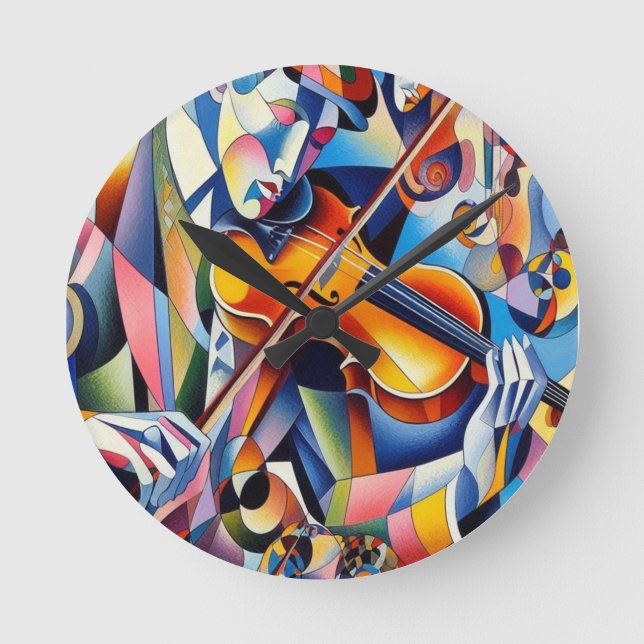 Vibrant Symfoni: Abstrakt Violinistkonst Rund Klocka (Framsida)