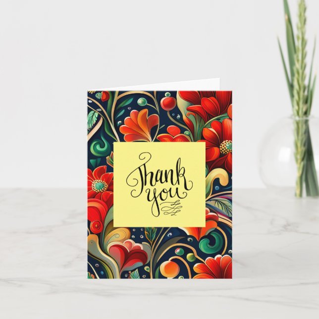 Vibrant tack: Röda blommor och tillfogade tackkort (Framsida)