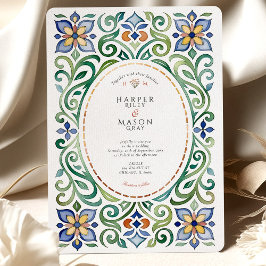 Vibrant Talavera Tile Watercolor Blommigt Bröllop Inbjudningar