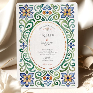 Vibrant Talavera Tile Watercolor Blommigt Bröllop Inbjudningar