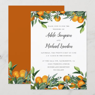 Vibrant Tangerine Citrus löv vattencolor bröllop Inbjudningar