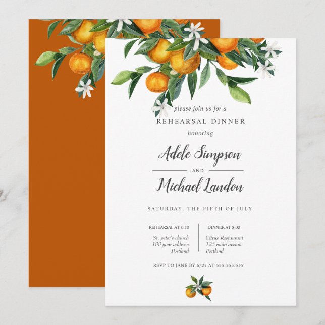 Vibrant Tangerine Orange Citrus Rehearsal Middag Inbjudningar (Fram/baksida)