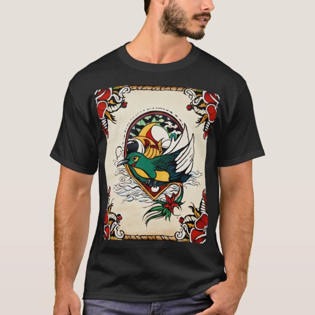 Vibrant Tattoinspirerad Bird & Blommigt Art T-Shir T Shirt (Framsida)
