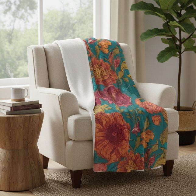 Vibrant Teal and Orange Floral Fleecefilt (Skapare uppladdad)