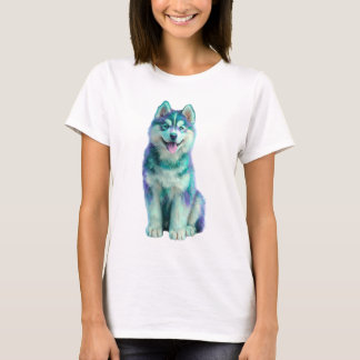 Vibrant Teal and Purple Galaxy Husky Pup Women T Shirt