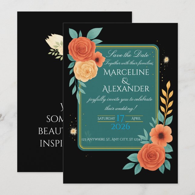Vibrant Teal & Coral Floral Frame Inbjudningar (Fram/baksida)