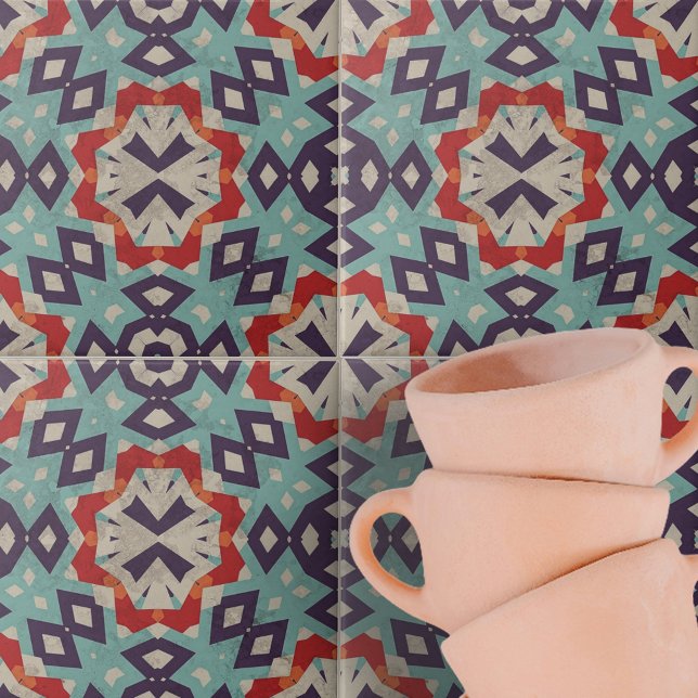Vibrant Teal Red Beige Geometric Mönster Kakelplatta (Skapare uppladdad)
