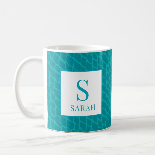 Vibrant Teal Scale Mermaid Monogram Custom Name Kaffemugg (Vänster)