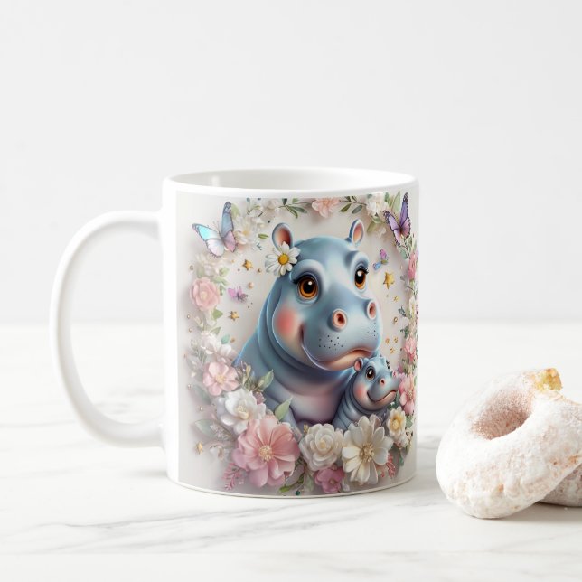 Vibrant Tecknad Hippos firar Mors dag Kaffemugg (Med munk)