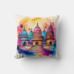 Vibrant Temple Architecture - Watercolor Art Kudde
