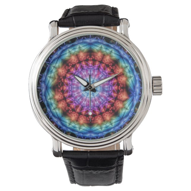 Vibrant Tie Dye Kaleidoscope Rainbow Mandala Armbandsur (Framsida)