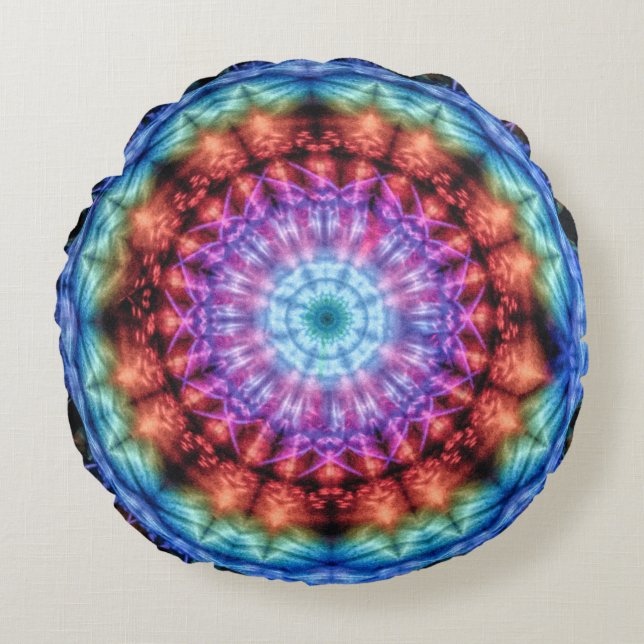 Vibrant Tie Dye Kaleidoscope Rainbow Mandala Rund Kudde (Framsidan)