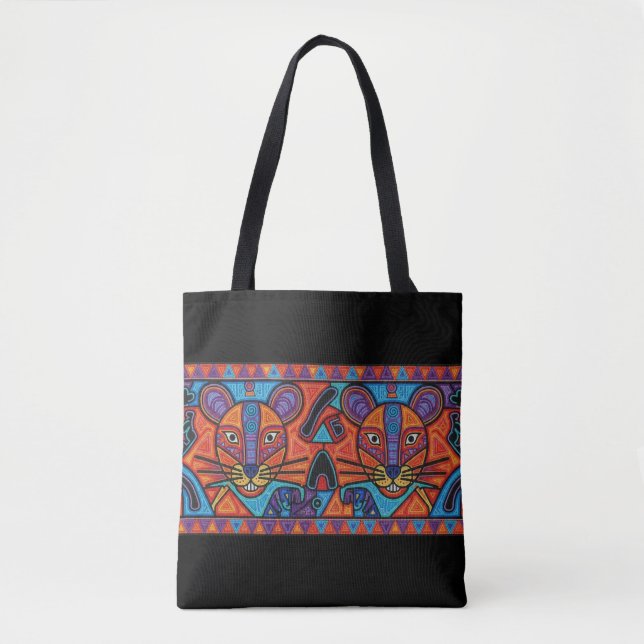 Vibrant Tribal Spirit Cats Tote Bag – Huichol- Tygkasse (Framsida)
