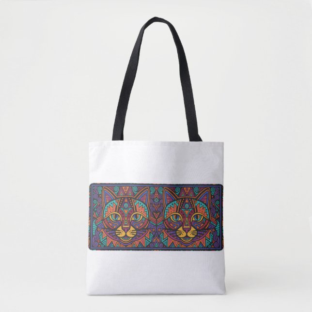 Vibrant Tribal Spirit Cats Tote Bag Tygkasse (Framsida)