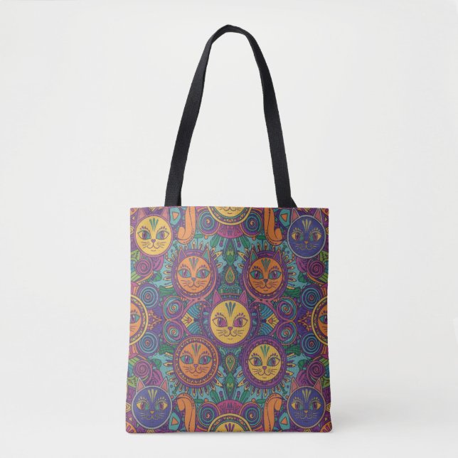 Vibrant Tribal Spirit Cats Tote Bag Tygkasse (Framsida)