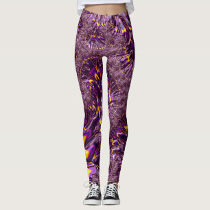 Vibrant Trippy Lila Gult Groovy Fractal Art Leggings