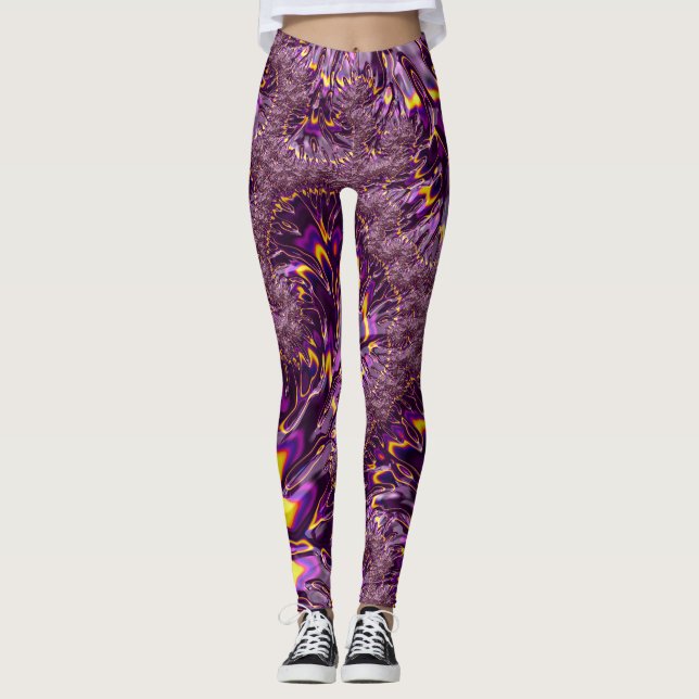 Vibrant Trippy Lila Gult Groovy Fractal Art Leggings (Framsida)