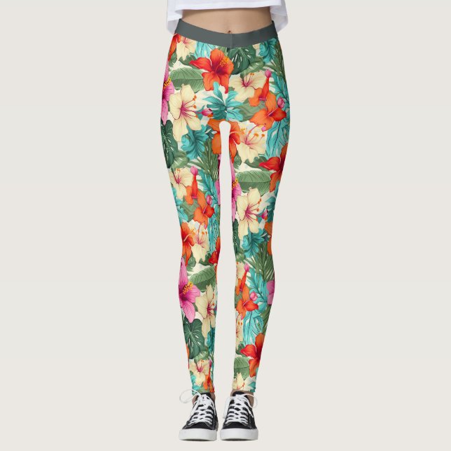Vibrant Tropical Blommönster Leggings (Framsida)